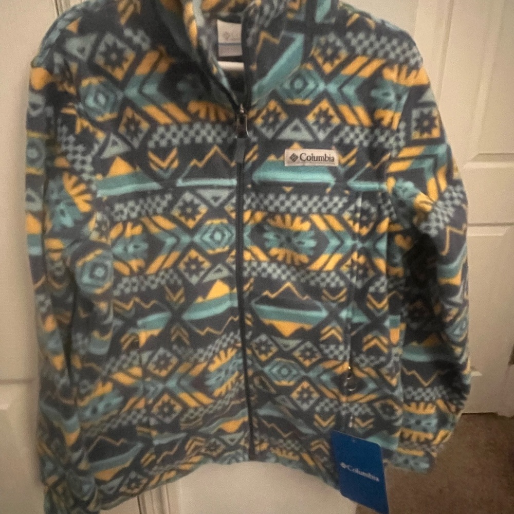 NWT Columbia Kids Blue and Yellow Patterned Fleece Jacket - Picture 2 of 5